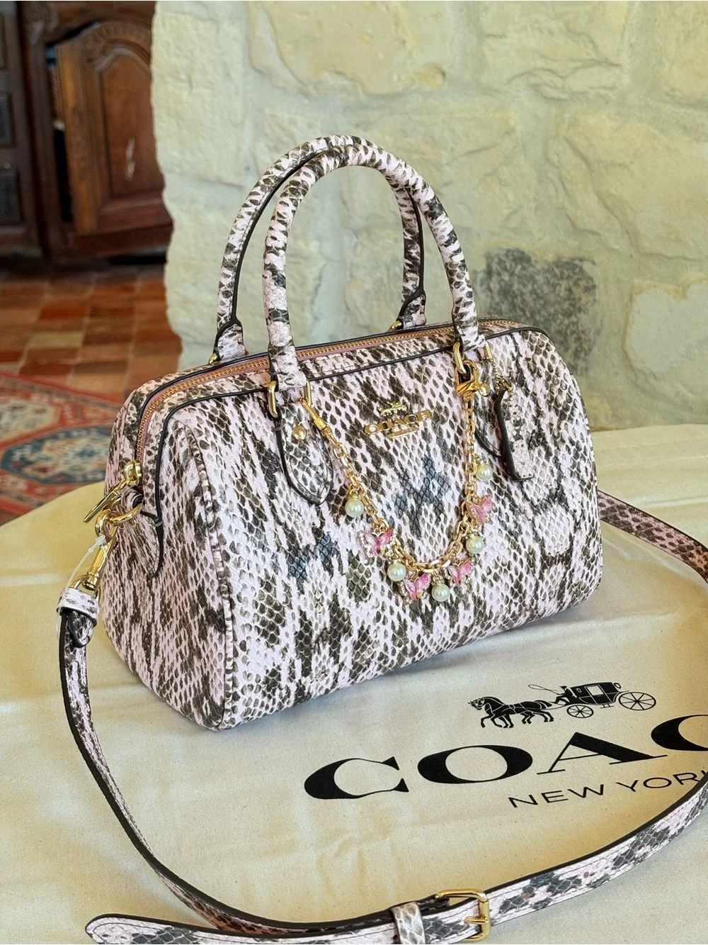 Coach Pink Snake-Print Satchel with Matching Wallet and Charm Chain
